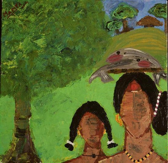 Fisherwoman and daughter, painting by Mamta Chitnis Sen