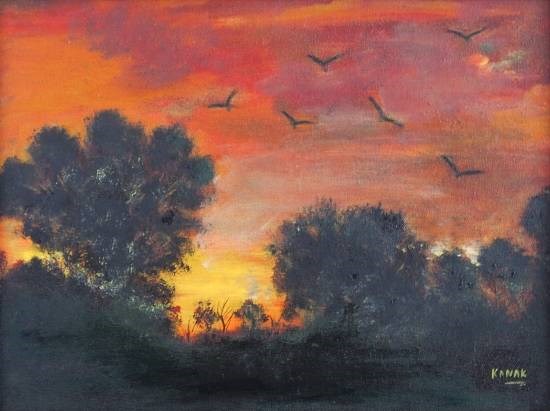 Fiery sky, painting by Dr Kanak Sharma
