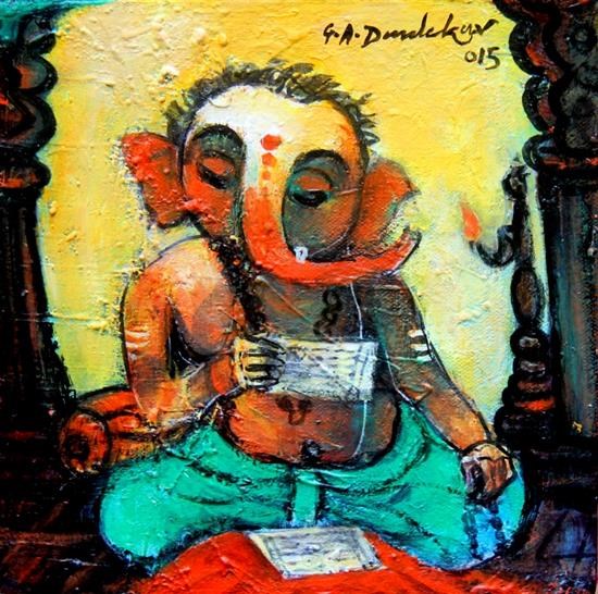 Ganesha reading Pothi, painting by G A Dandekar