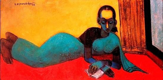 Reading Time, painting by G A Dandekar