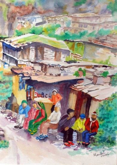 Tea stall under Slate roof, Kangra, painting by Mangal Gogte