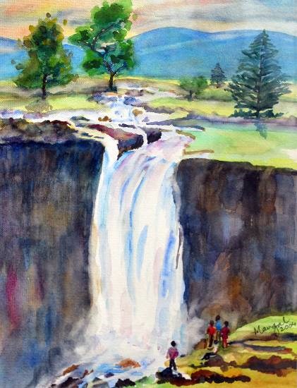Ulaan Tsutgalan-Orkhon Waterfalls, Mongolia, painting by Mangal Gogte