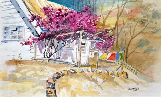 Bougainvillea welcome, painting by Mangal Gogte