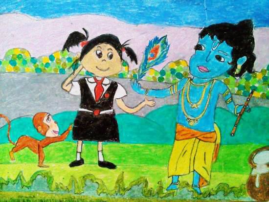 Painting  by Sharlina Shete - Little Krishna & Me
