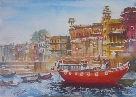 Docked at Banaras Ghat, painting by Lasya Upadhyaya
