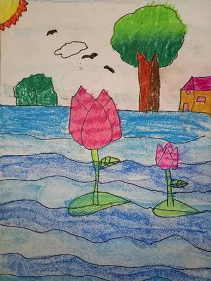 Painting  by Aarav Kanekar - A Lotus in pond