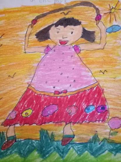Painting  by Aarav Kanekar - A girl skipping in the garden