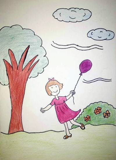 Painting  by Ananya Satish Pisharody - A girl with balloon