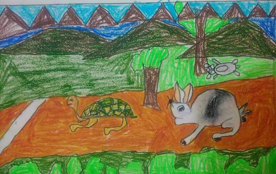 Painting  by Anay Advait Joshi - Rabbit and Tortoise