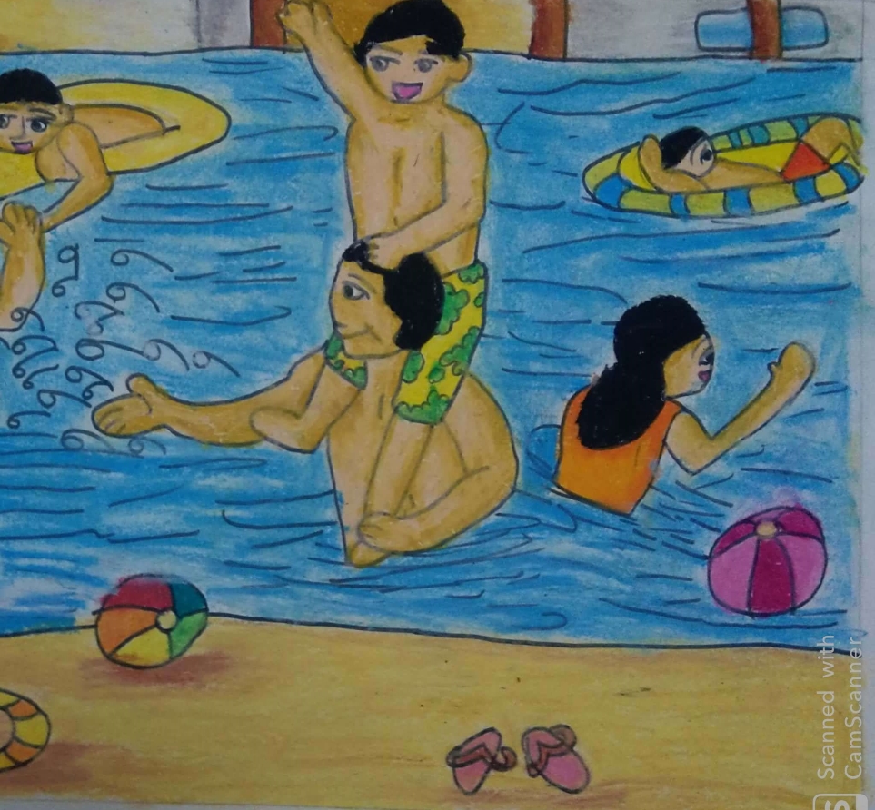 Painting  by Antara Shivram Desai - swimming with freinds