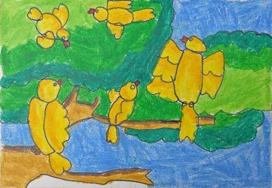 Flying birds, painting by Antara Shivram Desai