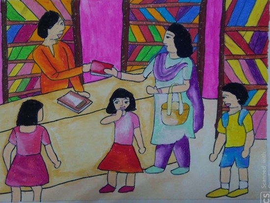 Library visit, painting by Antara Shivram Desai