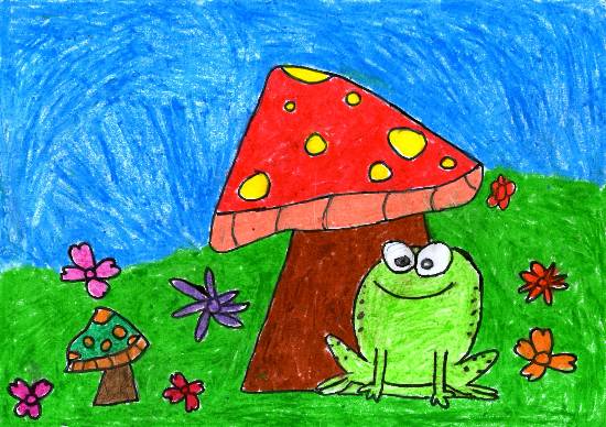 Painting  by John P Anson - The frog under the mushroom