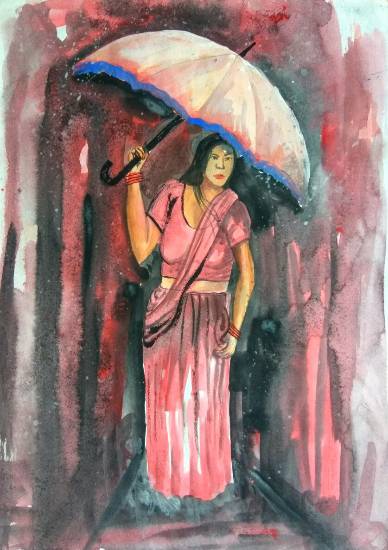 Painting  by Rahul Singh - Lady with umbrella