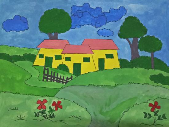 Painting  by Tithi Mukhopadhyay - House in the field