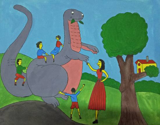 Painting  by Tithi Mukhopadhyay - Meeting with a dinosaur