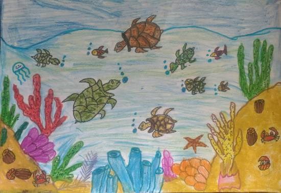 Turtles in the ocean, painting by Hanshal Banawar
