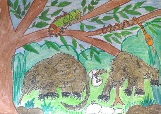Komodo dragon habitat, painting by Hanshal Banawar