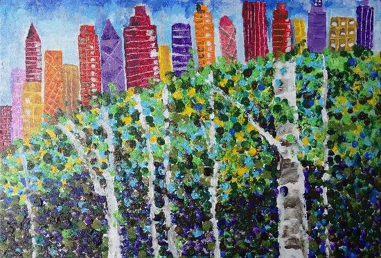Trees vs buildings, painting by Alika Hiren Parmar