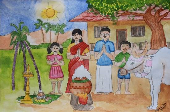Pongal Festival, painting by Meghna Unnikrishnan