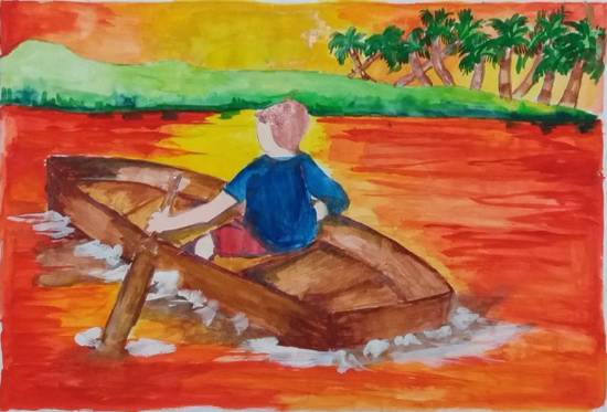 Painting  by Rashi Rahul Lavekar - Evening Sunset - Boating