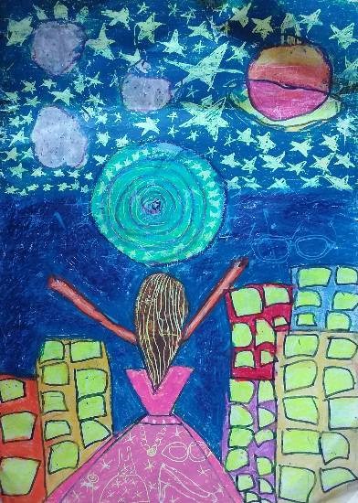 My journey into outer space, painting by Aradhya Mehta