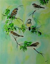 Five little sparrows, Painting by Madhavi Srivastava