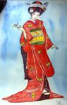 The Red Kimon by Sarabjit Kaur Sadal, Watercolor on Paper, 15 x 9 inches