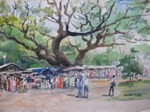 Crowd near Banyan Tree, Landscape Painting by M. K. Kelkar, Watercolour on Paper, 14 X 20