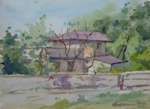 House in Forest, Landscape Painting by M. K. Kelkar, Watercolour on Paper, 12 X 16