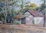 House in Goa, Landscape Painting by M. K. Kelkar, Watercolour on Paper, 13 X 19.5