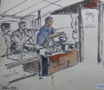 Tea Stall, Landscape Painting by M. K. Kelkar, Watercolour on Paper, 15 X 15