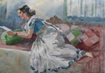 A lady reading a letter, Portrait & Figurative Painting by M. K. Kelkar, Watercolour on Paper, 11 X 18