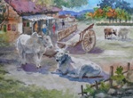 Bullocks, Rural Life Painting by M. K. Kelkar, Watercolour on Paper, 13 X 18.5