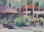 Village Huts, Rural Life Painting by M. K. Kelkar, Watercolour on Paper, 7.5 X 10