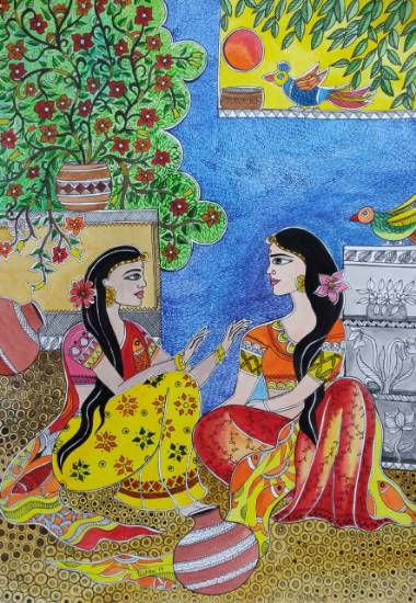 Painting by Pushpa Sharma - Gup-Shup - two women chitchatting in their leisure time