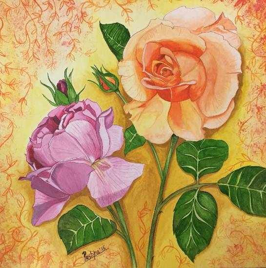 Painting by Pushpa Sharma - Pink & Peach Roses Together