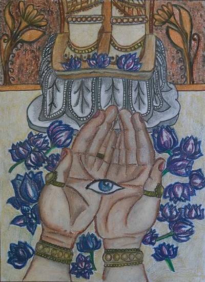 Painting by Anupama Jayal - Lord Ram sacrificing his lotus eye to Devi Durga