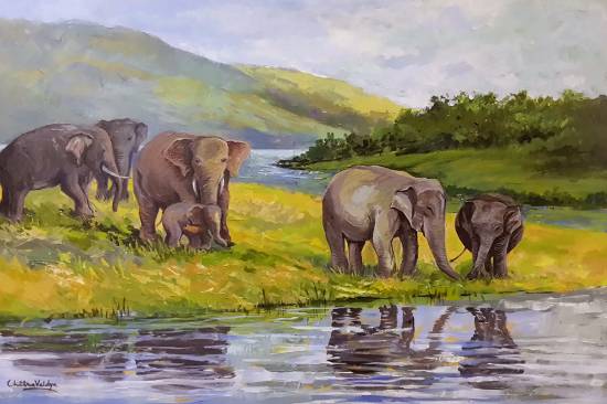 Painting by Chitra Vaidya - Tuskers at Periyar