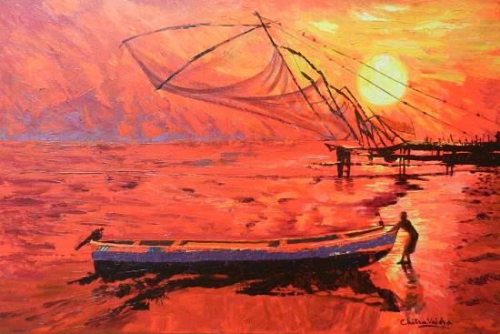 Painting by Chitra Vaidya - Chinese Fishing nets - 1