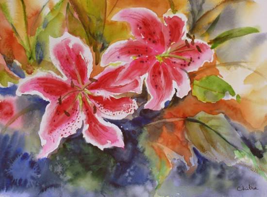 Painting by Chitra Vaidya - Red Lily Flowers