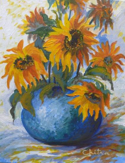 Painting by Chitra Vaidya - Sunflowers in a Pot