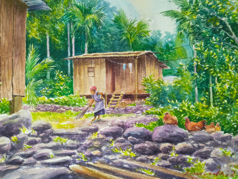 Painting by Anjan Laha - Village of Meghalaya