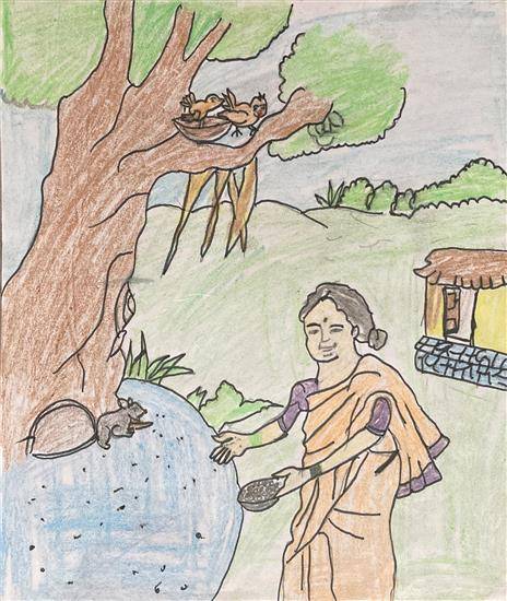 Painting by Jayashree Kailas Gangurde - Old woman feeding to Squirrel