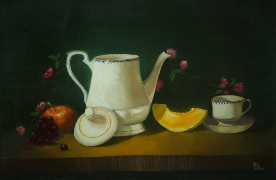 Painting by Arun Akella - Still Life with Tea Pot and Pumpkin