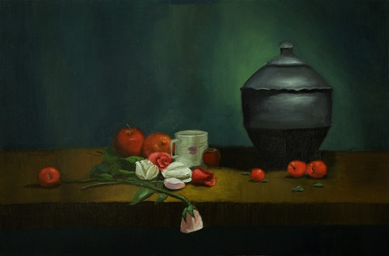 Painting by Arun Akella - Still Life With Pot, Plums and Roses