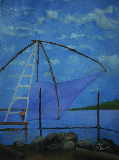 Painting by Arun Akella - Chinese Fishing Nets, Kochi