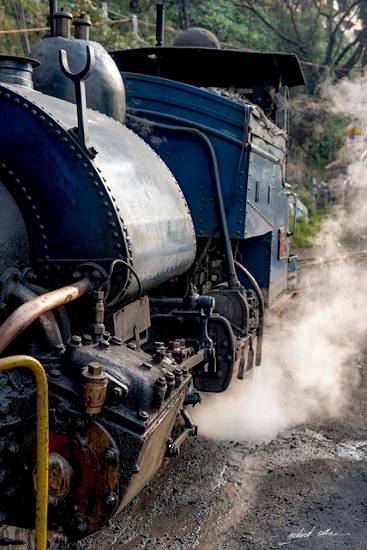 Paintings by Milind Sathe - Steam locomotive of Darjeeling Himalayan Railway puffing its way