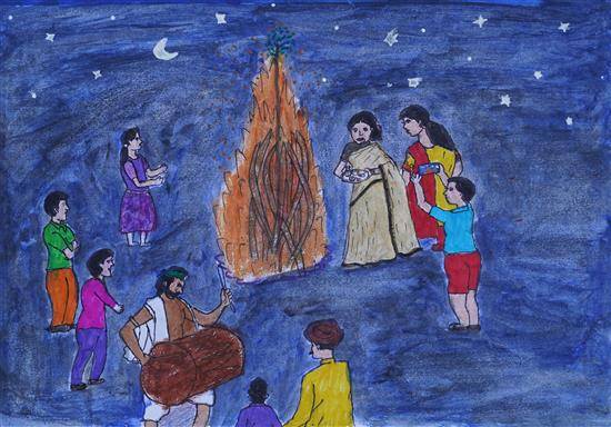 Painting by Varsha Paradhi - People celebrating Holika dahan