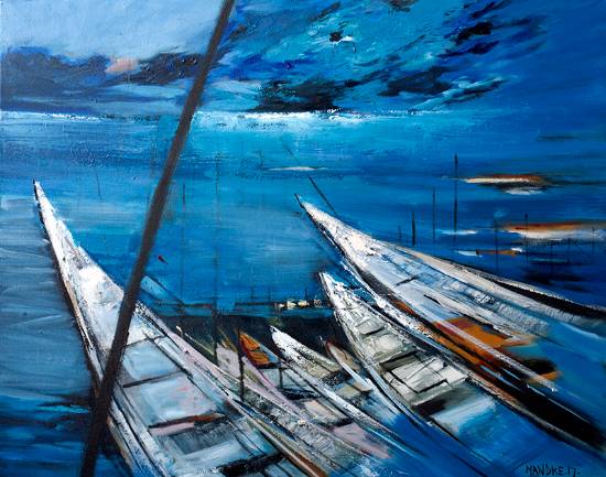 Painting by Bhalchandra Mandke - Boats in the night sea